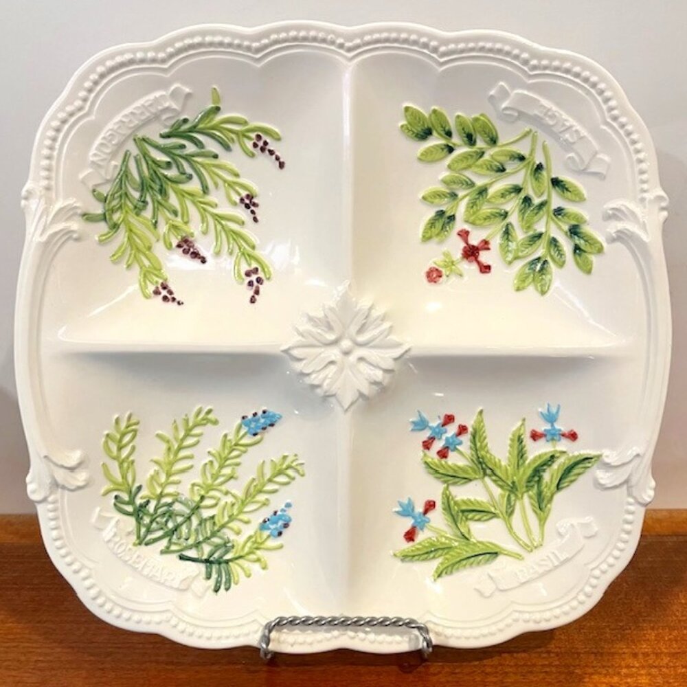 Shafford Green Herbs Divided Serving Tray Platter with Scalloped Bead Edge 13"